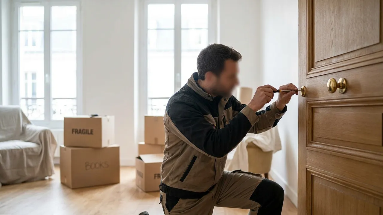 Serrurier remplaçant le cylindre d'une porte d'appartement lors d'un emménagement à Neuilly-sur-Seine