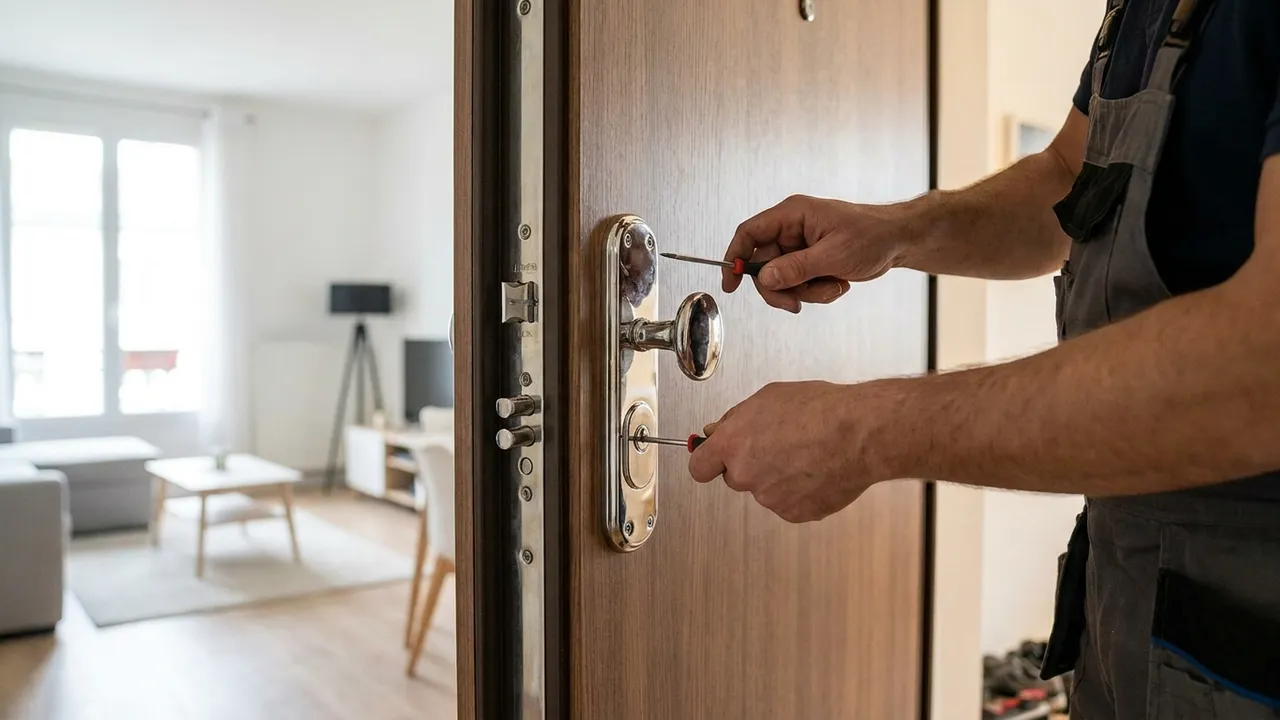 Serrurier réglant la serrure multipoints d'une porte blindée dans un appartement de Neuilly-sur-Seine