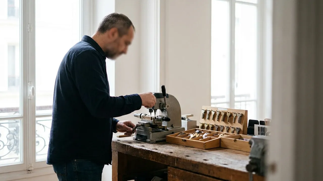 Machine à tailler les clés d'un serrurier avec ébauches alignées, atelier de Neuilly-sur-Seine