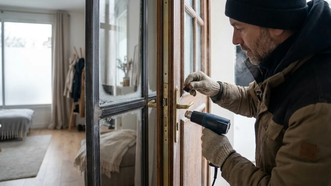 Serrurier intervenant par temps froid sur la serrure givrée d'une porte d'entrée à Neuilly-sur-Seine