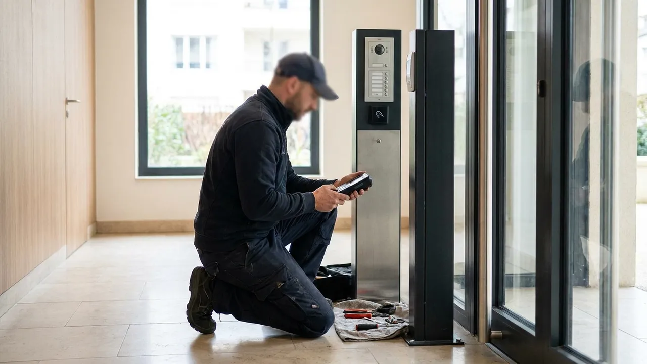Serrurier programmant un lecteur de badge dans le hall d'une copropriété à Neuilly-sur-Seine